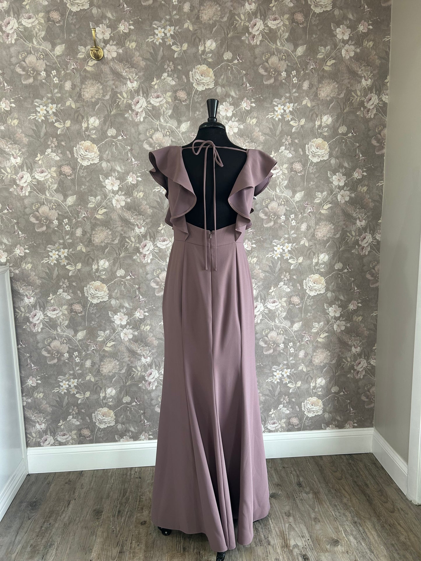 Dessy 4539 Ruffle Cap Sleeve Open-back Trumpet Gown