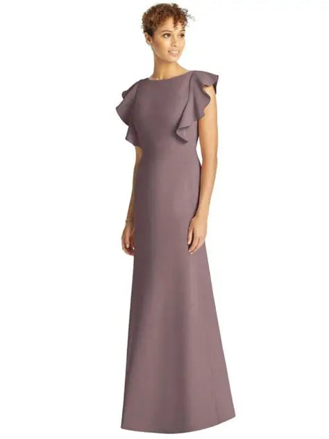Dessy 4539 Ruffle Cap Sleeve Open-back Trumpet Gown